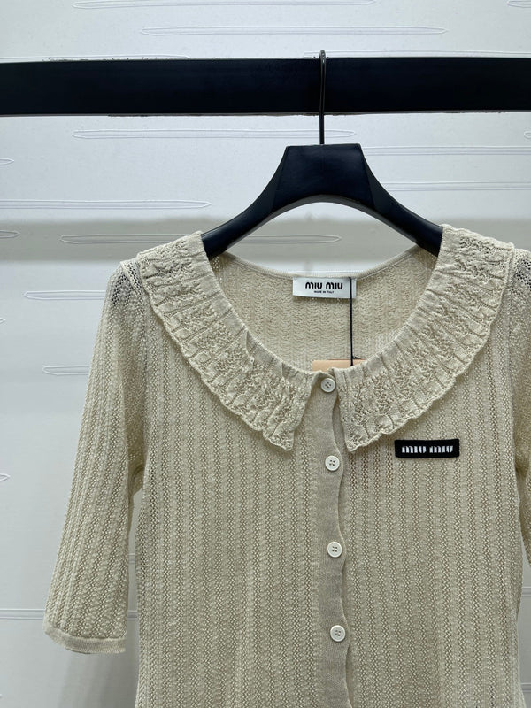 Cardigan court col chemise Miu Miu 26 en coton beige 221702