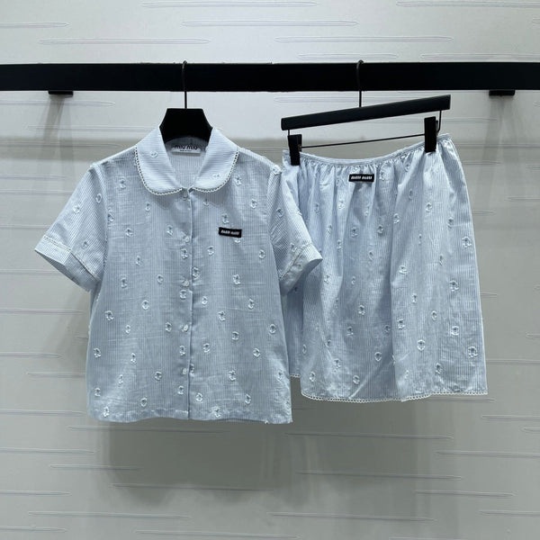 Ensemble chemise à manches courtes et jupe à col rayé Miu Miu 26 bleu en coton 221677