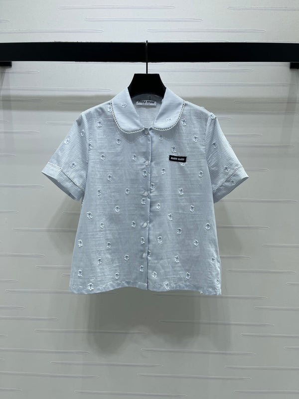 Ensemble chemise à manches courtes et jupe à col rayé Miu Miu 26 bleu en coton 221677