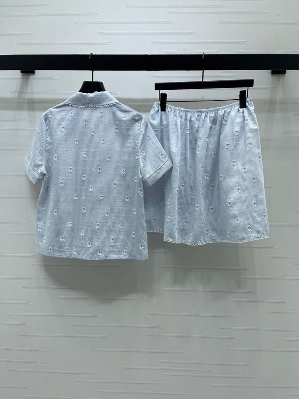 Ensemble chemise à manches courtes et jupe à col rayé Miu Miu 26 bleu en coton 221677