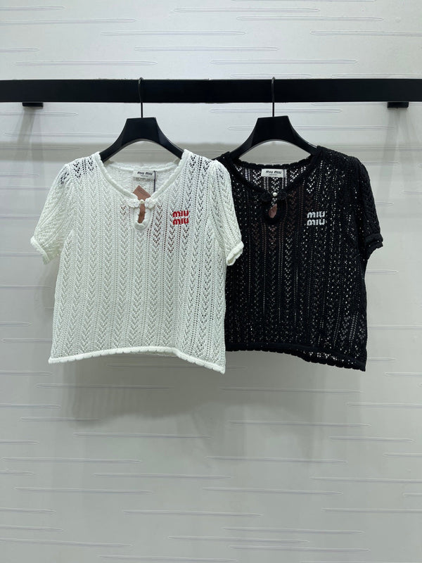 Miu Miu 26 Crew Neck Short-Sleeve Top White in Wool 221701