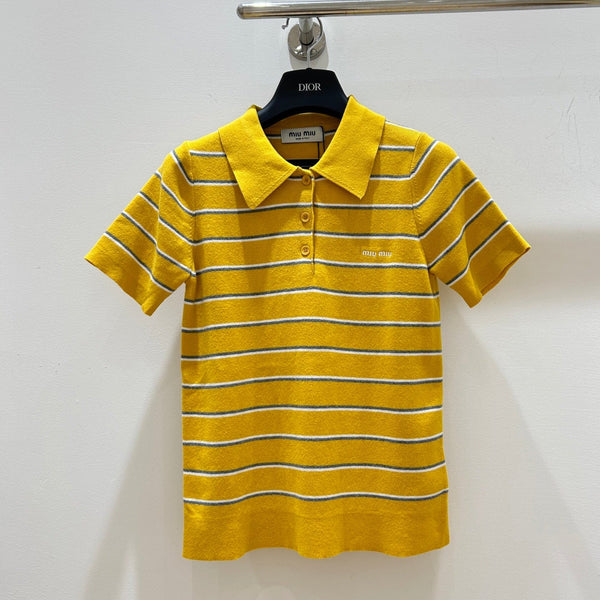 T-shirt en coton tricoté rayé jaune à manches courtes Miu Miu 221234