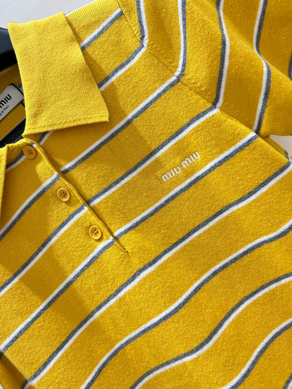 T-shirt en coton tricoté rayé jaune à manches courtes Miu Miu 221234
