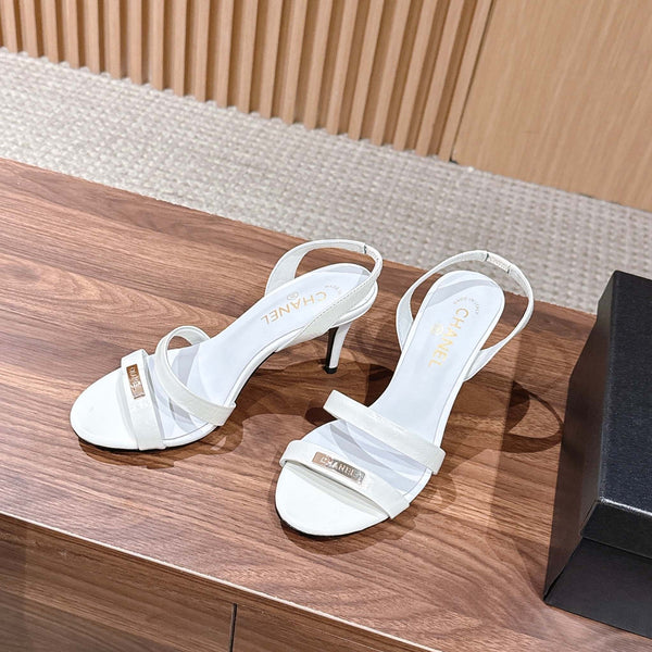 CC 26SS Gold Buckle Strappy High-Heeled 85 Sandals White in Cowhide 692566