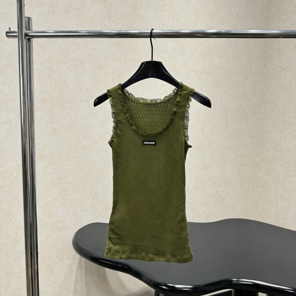 Miu Miu Gilet en maille vert olive orné de dentelle en coton 219026