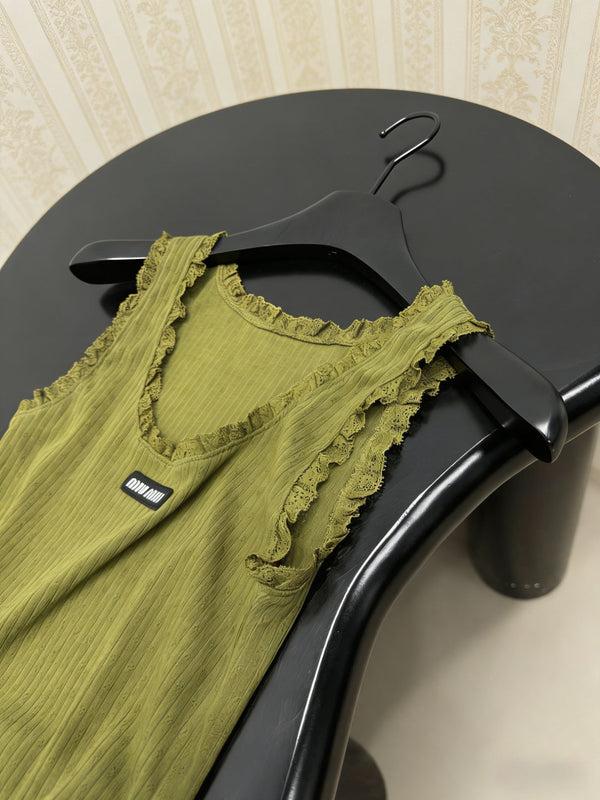 Miu Miu Gilet en maille vert olive orné de dentelle en coton 219026