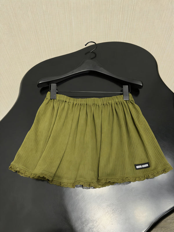 Miu Miu Olive Green Lace-trimmed Mini Culottes in Cotton 219021