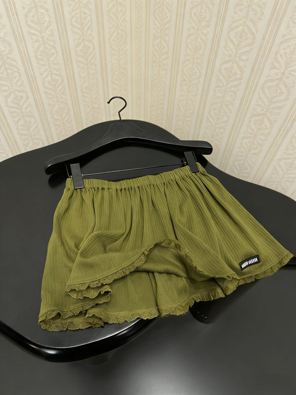Miu Miu Olive Green Lace-trimmed Mini Culottes in Cotton 219021