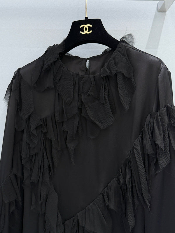 Chanel Ruffle Round Neck Top Black in Silk 209474