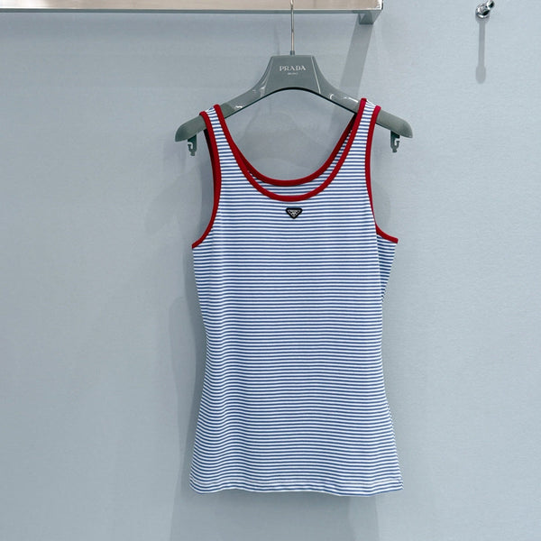 Prada Blue and White Striped Ribbed Vest in Cotton 232392