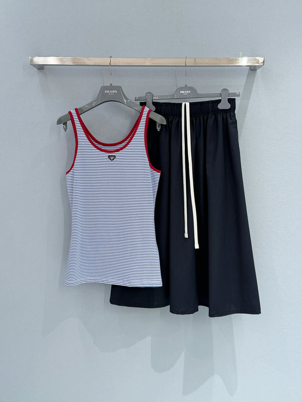 Prada Blue and White Striped Ribbed Vest in Cotton 232392