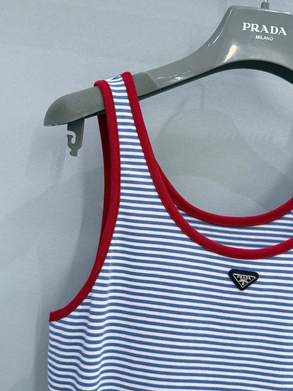 Prada Blue and White Striped Ribbed Vest in Cotton 232392