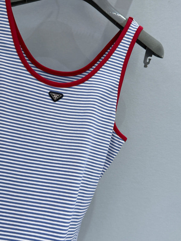 Prada Blue and White Striped Ribbed Vest in Cotton 232392
