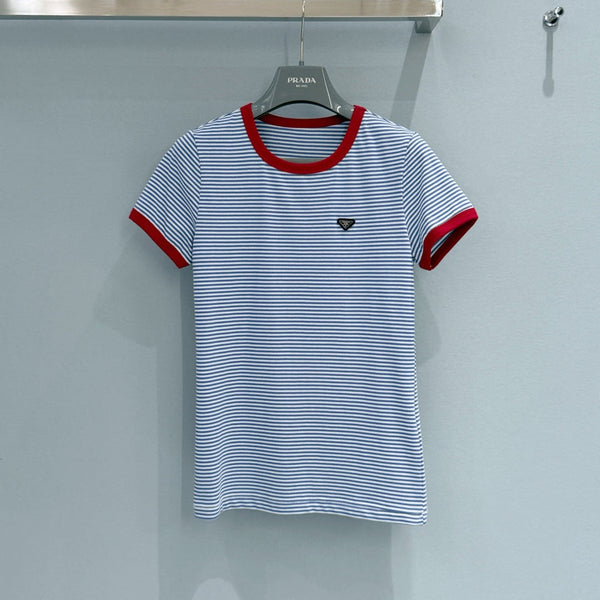 Prada Color-Blocked Short-Sleeve T-Shirt Blue White in Cotton 232384