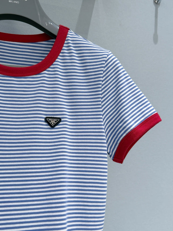 Prada Color-Blocked Short-Sleeve T-Shirt Blue White in Cotton 232384