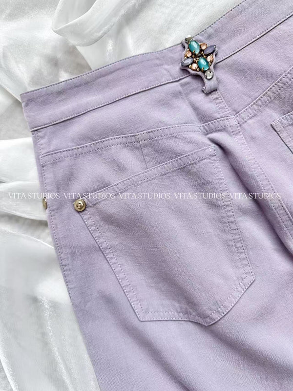 Chanel Rhinestone-Button Waist Trousers Purple in Cotton 236933