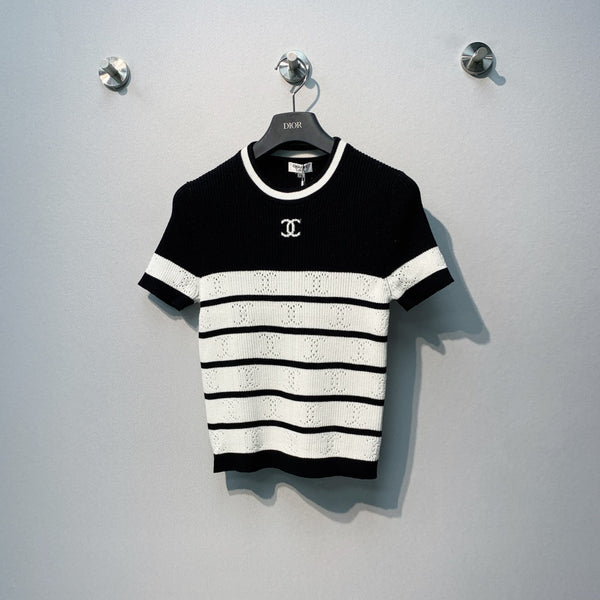 Chanel 26 Striped Knit Short-Sleeve T-Shirt Black White in Tencel  254162