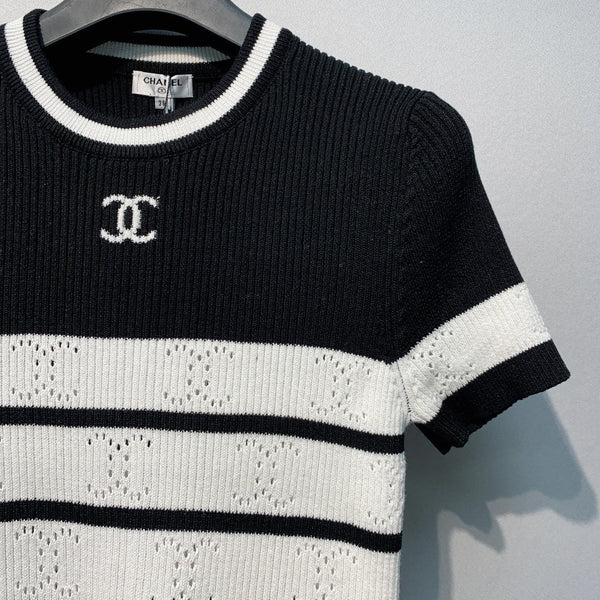 Chanel 26 Striped Knit Short-Sleeve T-Shirt Black White in Tencel  254162