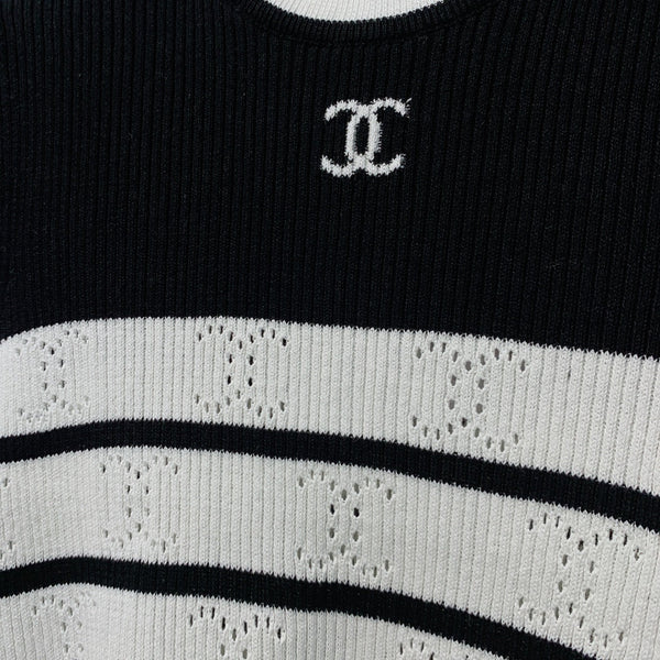 Chanel 26 Striped Knit Short-Sleeve T-Shirt Black White in Tencel  254162
