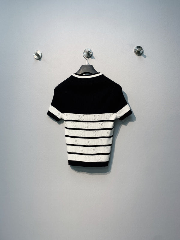 Chanel 26 Striped Knit Short-Sleeve T-Shirt Black White in Tencel  254162