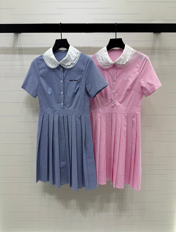 Miu Miu 26 Collar Plaid Dress Blue in Cotton 254539
