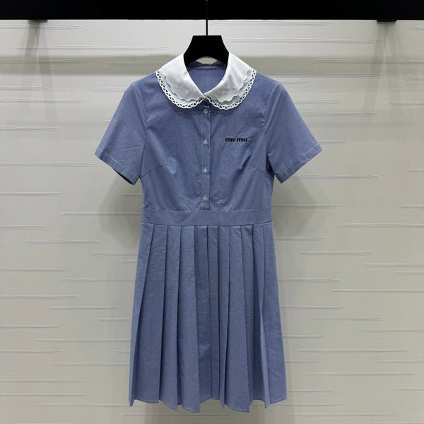 Miu Miu 26 Collar Plaid Dress Blue in Cotton 254539