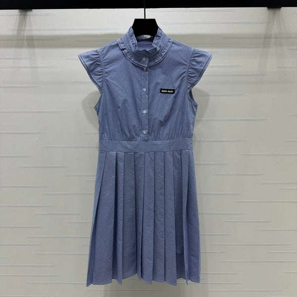 Miu Miu 26 Blue Plaid Pleated Dress with Puffed sleeves Blue in Cotton 254537