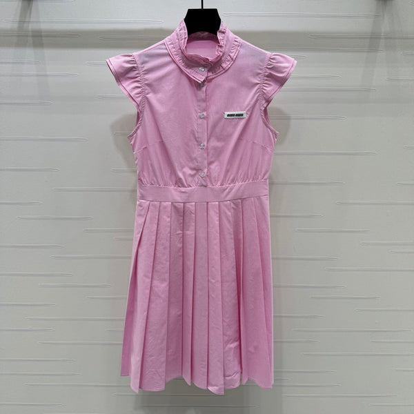 Miu Miu 26 Blue Plaid Pleated Dress with Puffed sleeves Pink in Cotton 254536