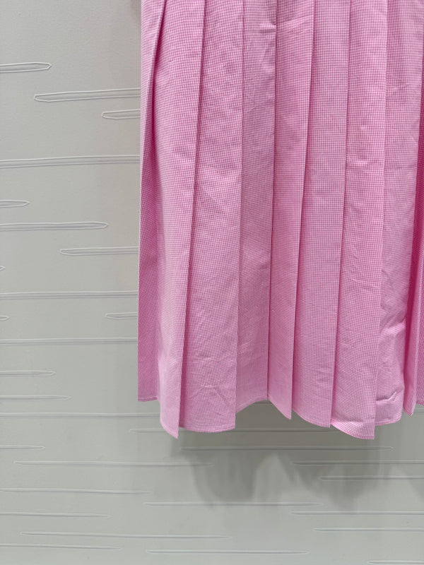 Miu Miu 26 Blue Plaid Pleated Dress with Puffed sleeves Pink in Cotton 254536