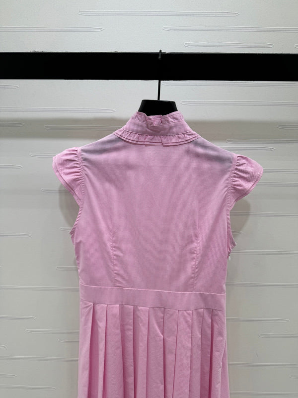 Miu Miu 26 Blue Plaid Pleated Dress with Puffed sleeves Pink in Cotton 254536