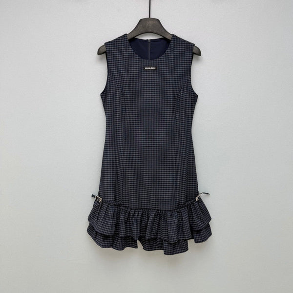 Miu Miu 26 Navy Blue Plaid Ruffle Vest Dress in Polyester 252942