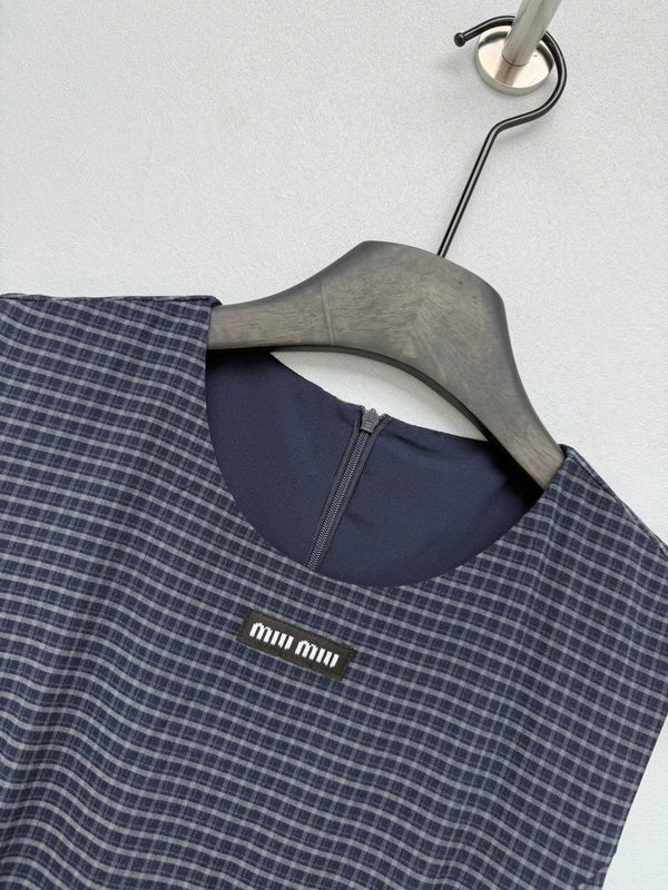 Miu Miu 26 Navy Blue Plaid Ruffle Vest Dress in Polyester 252942