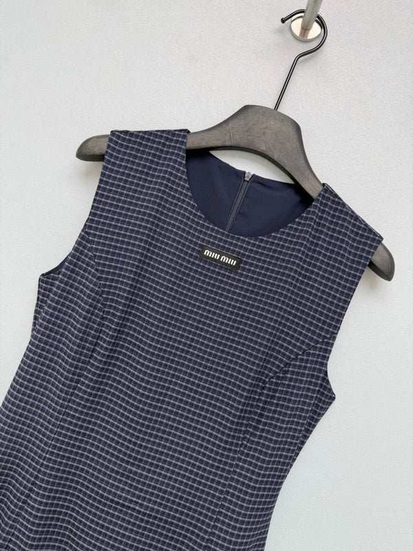 Miu Miu 26 Navy Blue Plaid Ruffle Vest Dress in Polyester 252942