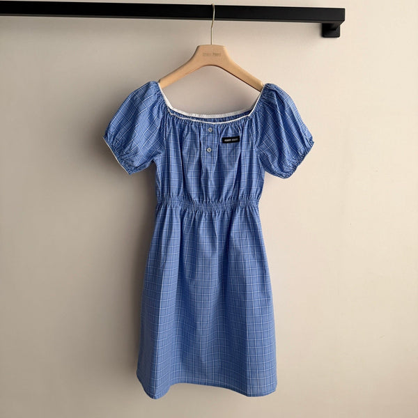 Robe Miu Miu 26 à carreaux bleus et blancs en coton, épaules dénudées 251673