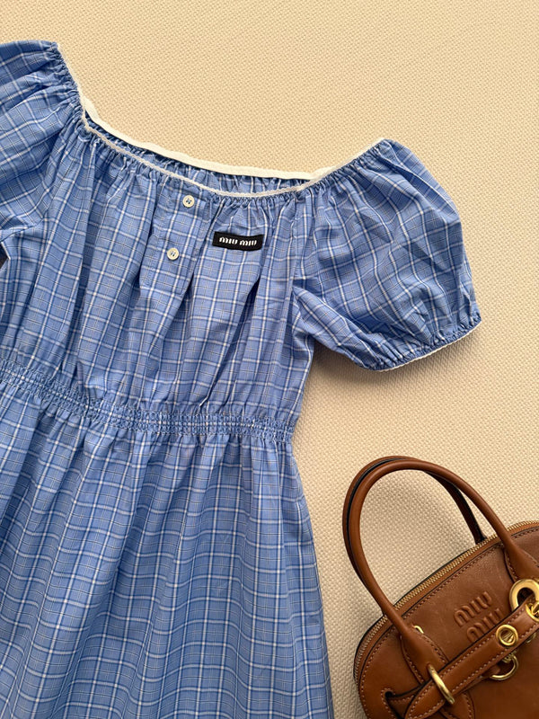 Robe Miu Miu 26 à carreaux bleus et blancs en coton, épaules dénudées 251673
