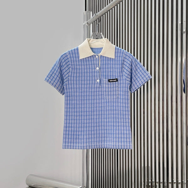 Miu Miu Polo en maille écossaise bleu en cachemire 254628