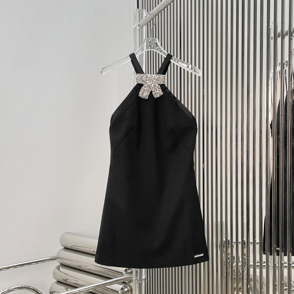 Miu Miu 26 Robe Cintrée à Nœud en Strass Noir en Polyester 205618