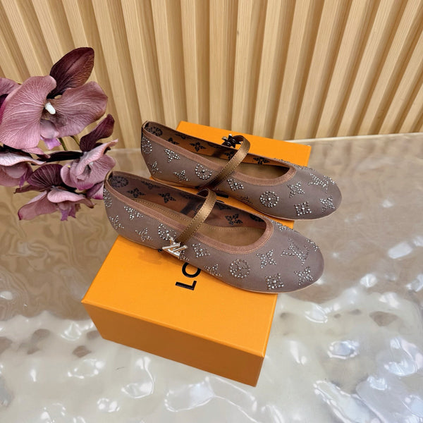 LV Romy Flat Ballerina Brown in Mesh with Rhinestones 703066