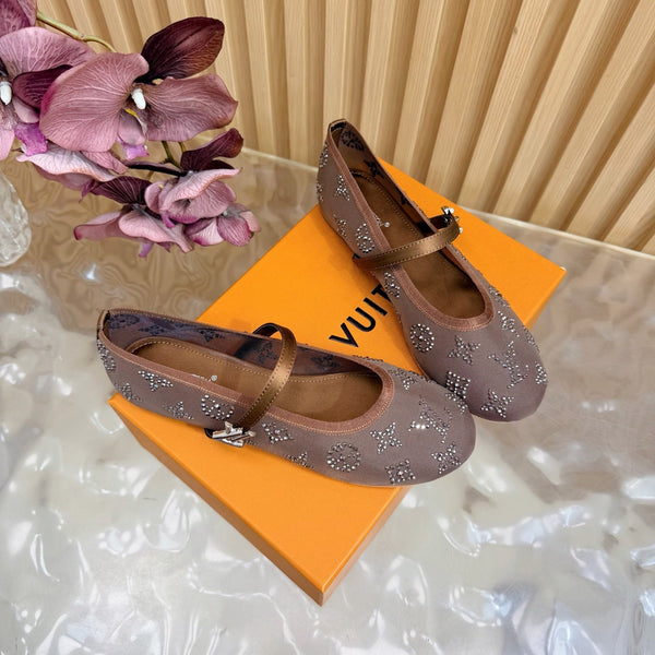 LV Romy Flat Ballerina Brown in Mesh with Rhinestones 703066