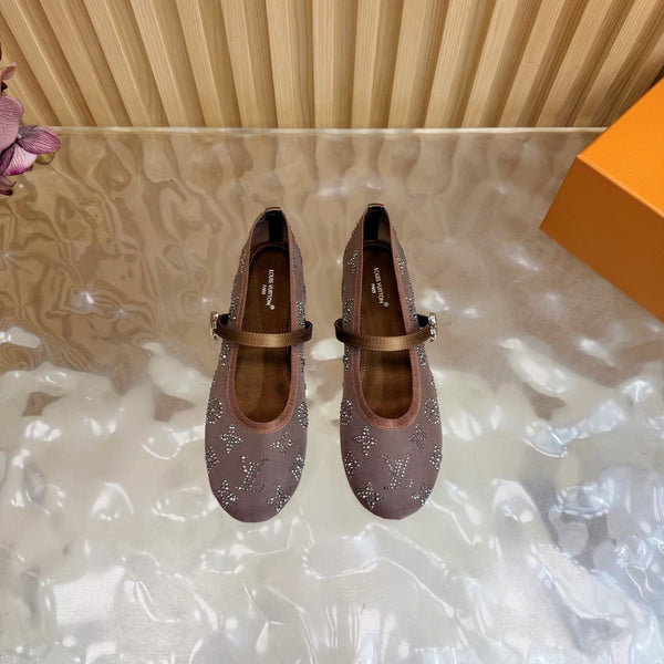 LV Romy Flat Ballerina Brown in Mesh with Rhinestones 703066