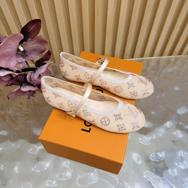 LV Romy Flat Ballerina Beige in Mesh with Rhinestones 703065