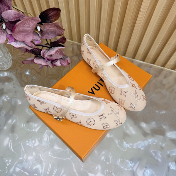 LV Romy Flat Ballerina Beige in Mesh with Rhinestones 703065