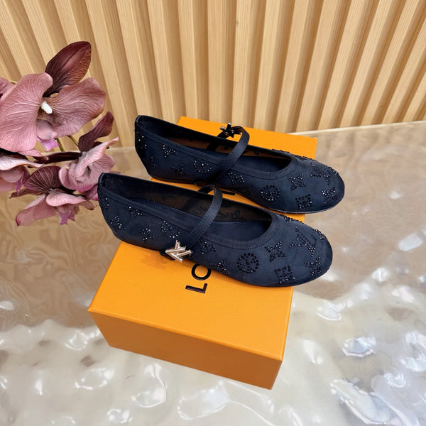 LV Romy Flat Ballerina Black in Mesh with Rhinestones 703063