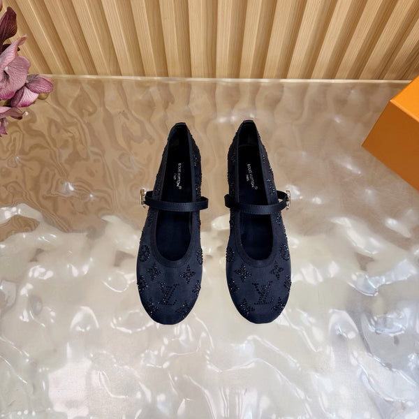 LV Romy Flat Ballerina Black in Mesh with Rhinestones 703063