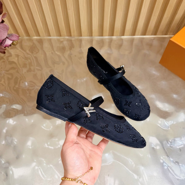LV Romy Flat Ballerina Black in Mesh with Rhinestones 703063