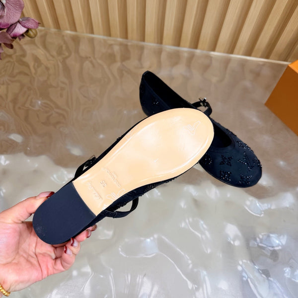 LV Romy Flat Ballerina Black in Mesh with Rhinestones 703063