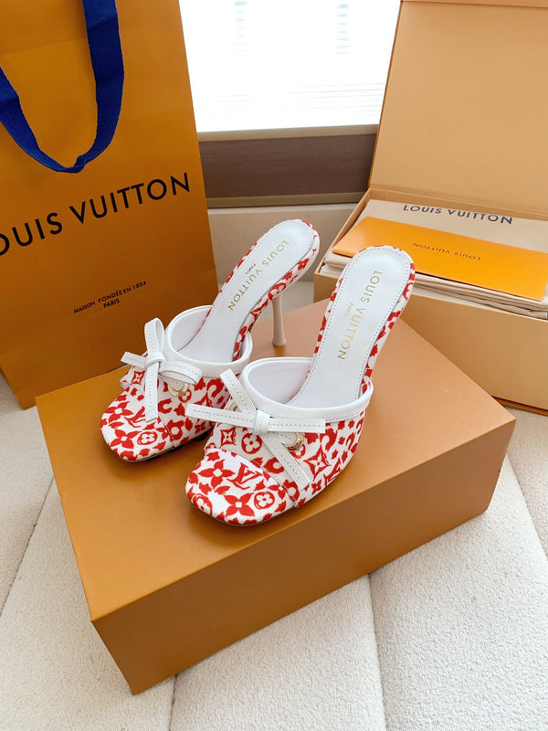 LV 26SS Single Kitten Heel Sandals 105 Red in Cowhide 703049