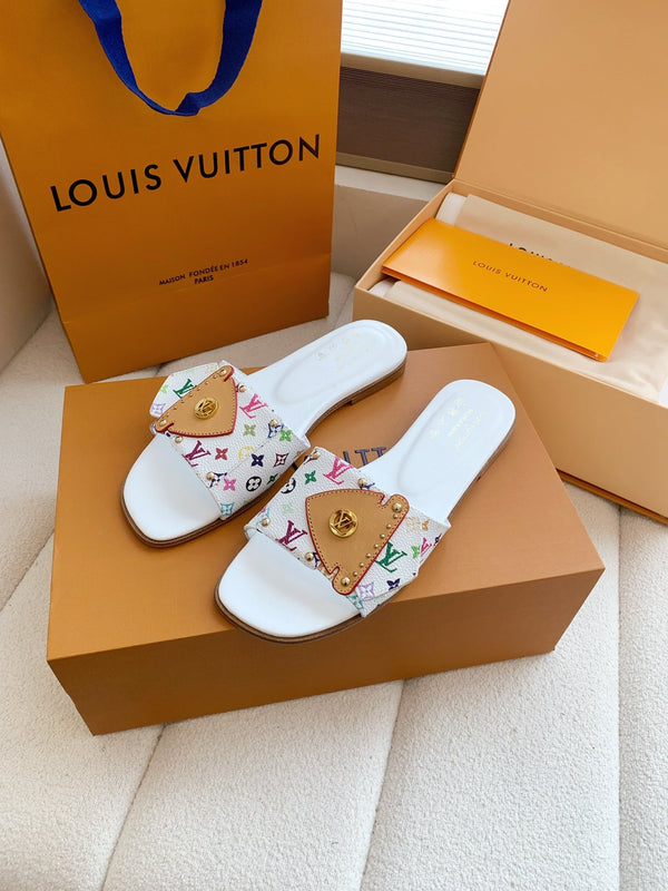 LV x Takashi Murakami Sunset Flat Comfort Sandal White in Cowhide 703038