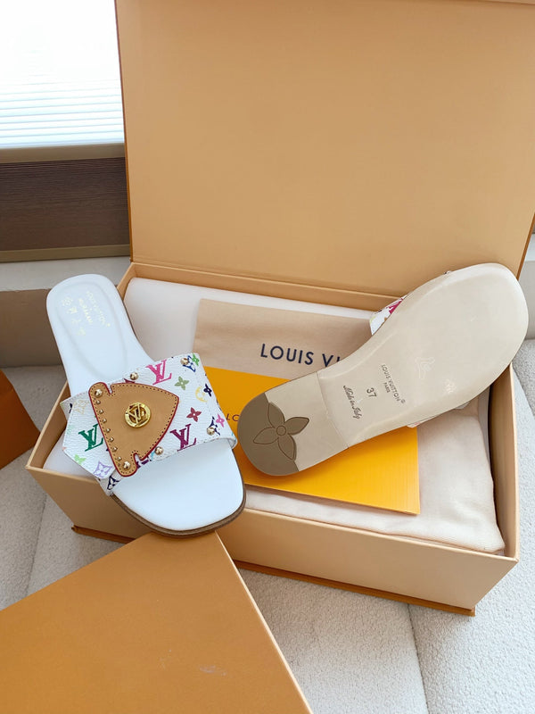 LV x Takashi Murakami Sunset Flat Comfort Sandal White in Cowhide 703038