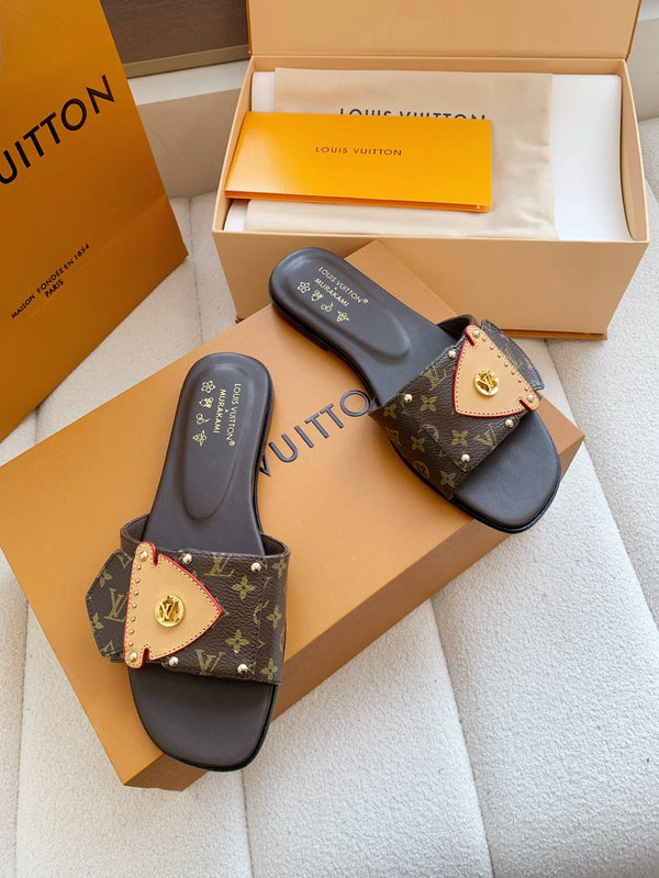 LV x Takashi Murakami Sunset Flat Comfort Sandal Brown in Cowhide 703037